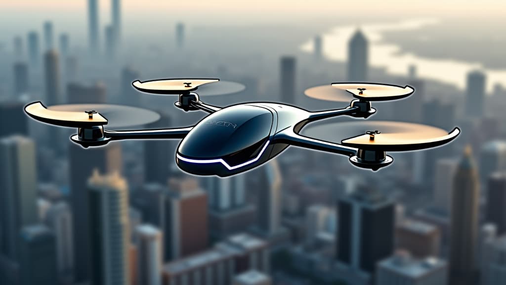  electric air taxi evtol soars high above the cityscape, illustrating the future concept of urban air mobility and innovative transportation solutions