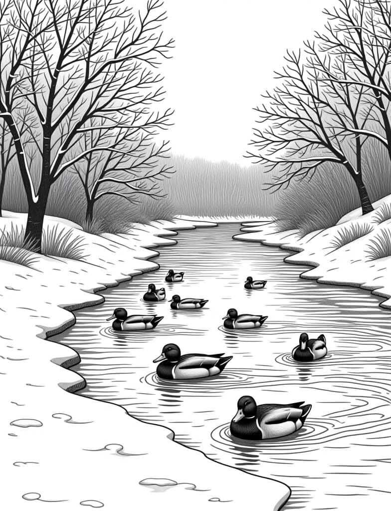  this is for an adult coloring page. a detailed black and white line art of a snowy snow covered riverbank with a group of ducks swimming on a solid white background.