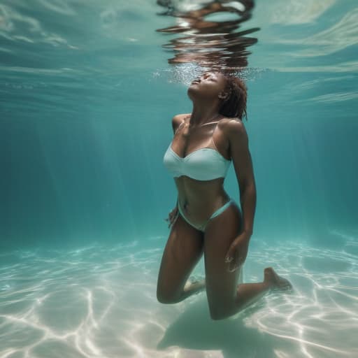 African woman in swimsuit drowning underwater. In full growth