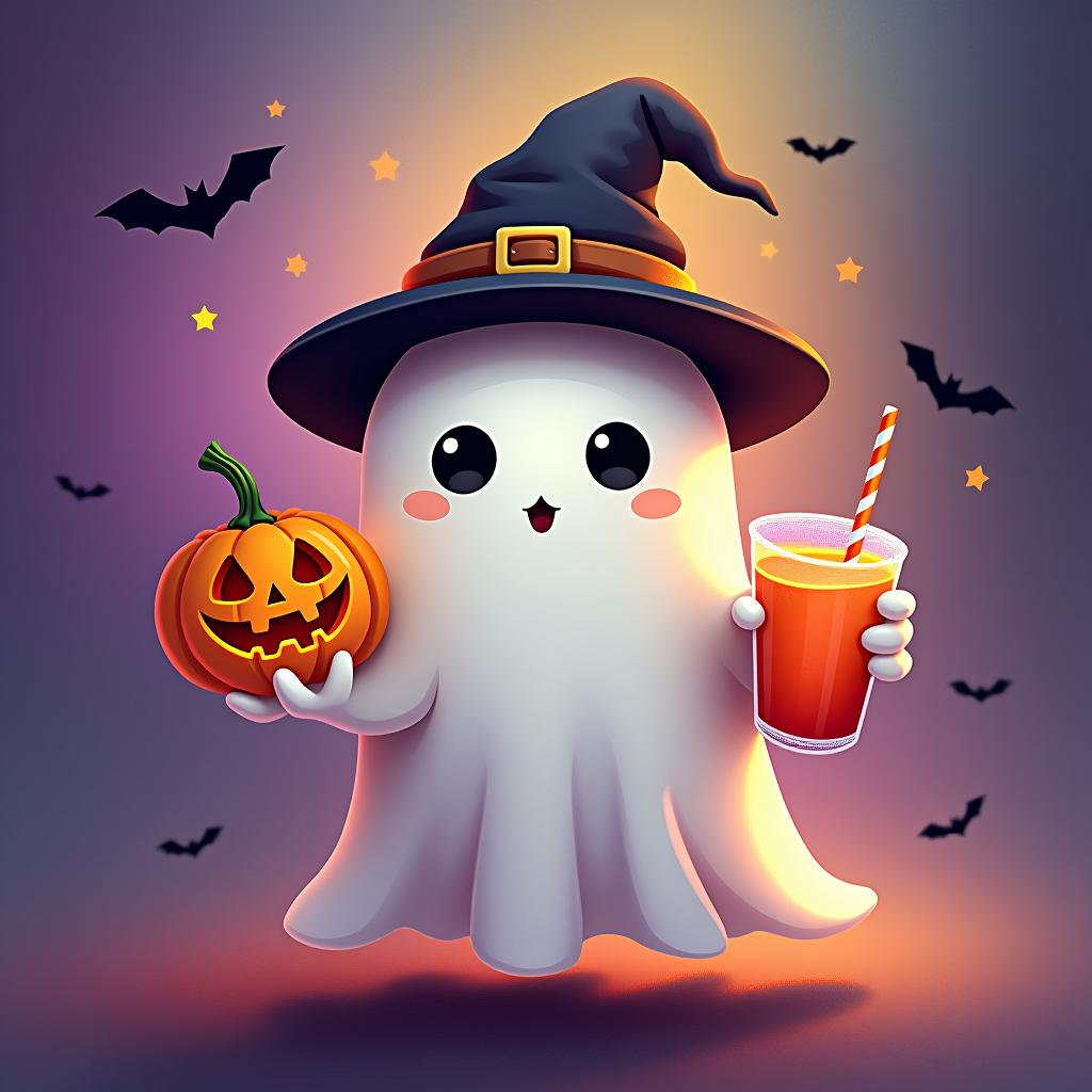  create a digital painting featuring a cute ghost character. the ghost should be wearing a hat. in one hand, the ghost should hold a pumpkin with a carved face, and in the other hand, a halloween themed drink. the background should be colorfull and include small black bats and stars to add a playful halloween touch. the overall style should be cute, whimsical, and colorful hyperrealistic, full body, detailed clothing, highly detailed, cinematic lighting, stunningly beautiful, intricate, sharp focus, f/1. 8, 85mm, (centered image composition), (professionally color graded), ((bright soft diffused light)), volumetric fog, trending on instagram, trending on tumblr, HDR 4K, 8K