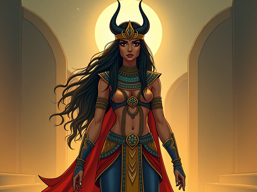  a vigilant guardian, standing tall with a protective barrier, symbolizing healthy boundaries, a mix of strength and serenity in her expression. the style is digital art illustration / modern comic book / mysterious occult, symbolic, esoteric vibe,high detail on character design, incorporating ancient egyptian symbology and attire.