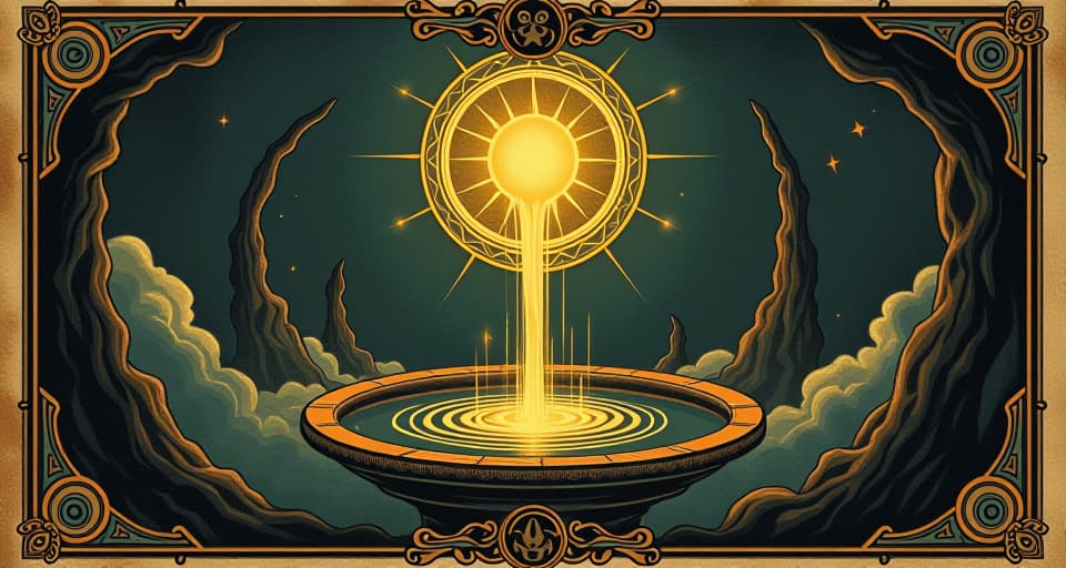  a wellspring of glowing liquid surrounded by intricate symbols, knowledge, power, birthright, cosmic source. an illustration in the style of a worn, mystical old tarot trump card, mysterious and elements of surrealism. the colors are muted, somber and eerie, but with contrast bring out an occult and esoteric vibe.