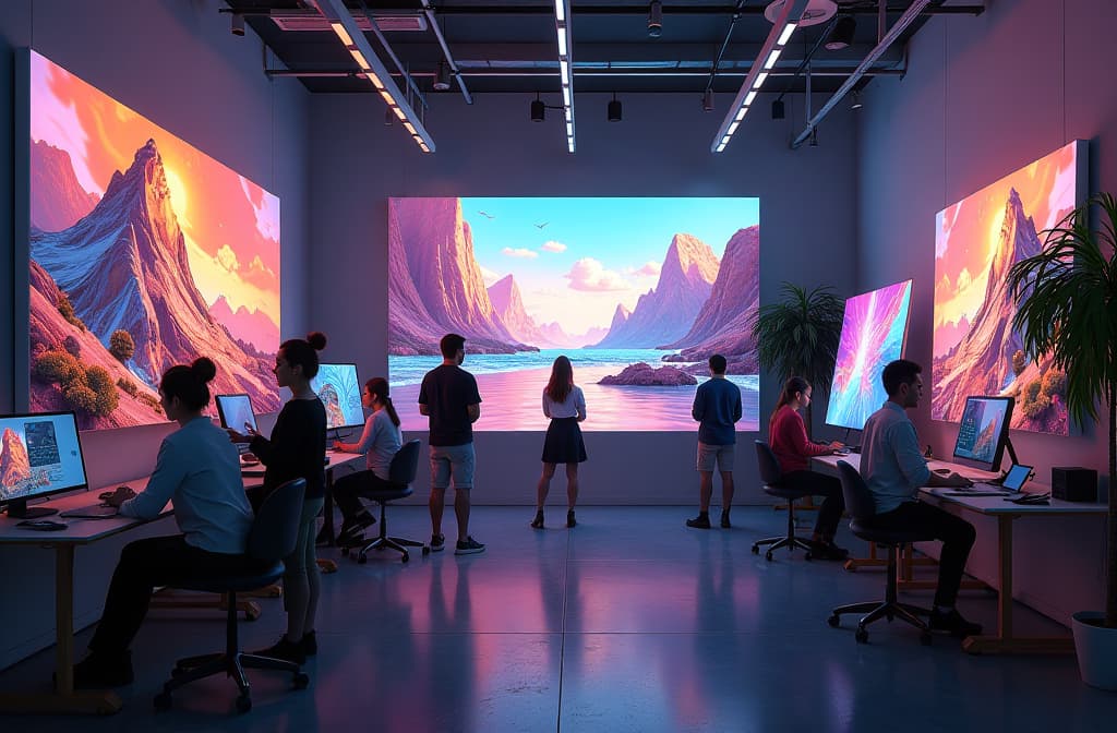  "imagine a futuristic art studio where a diverse group of artists collaborate with advanced ai technology. the room is filled with vibrant digital canvases depicting fantastical landscapes and abstract designs, while holographic interfaces hover around them. soft ambient lighting casts colorful reflections across the space, and a large screen displays an ongoing live art generation process, seamlessly blending human creativity with artificial intelligence. the atmosphere is one of inspiration and innovation, showcasing the harmony between human artistry and cutting edge technology." hyperrealistic, full body, detailed clothing, highly detailed, cinematic lighting, stunningly beautiful, intricate, sharp focus, f/1. 8, 85mm, (centered image composition), (professionally color graded), ((bright soft diffused light)), volumetric fog, trending on instagram, trending on tumblr, HDR 4K, 8K