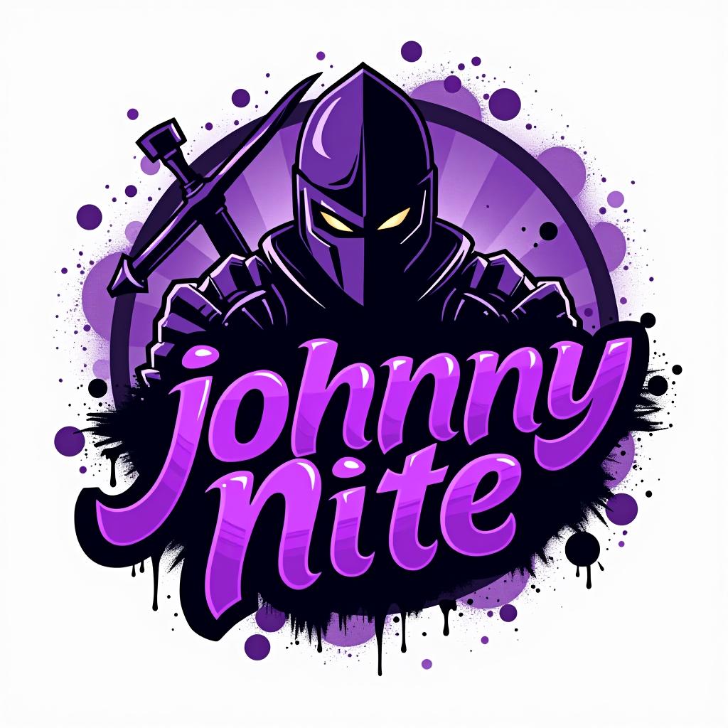  design a logo, in a realism style. knight graffiti purple and black, with the text 'johnny nite'.