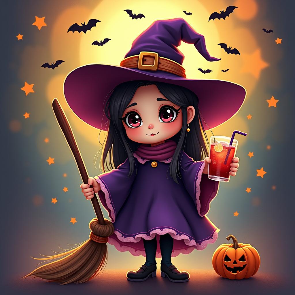  create a digital painting featuring a cute witch character. the witch should be wearing a hat. in one hand, the witch should hold a broomstick, and in the other hand, a halloween themed drink. the background should be colorful and include small black bats, pumpkins and stars to add a playful halloween touch. the overall style should be cute, whimsical, and colorful hyperrealistic, full body, detailed clothing, highly detailed, cinematic lighting, stunningly beautiful, intricate, sharp focus, f/1. 8, 85mm, (centered image composition), (professionally color graded), ((bright soft diffused light)), volumetric fog, trending on instagram, trending on tumblr, HDR 4K, 8K