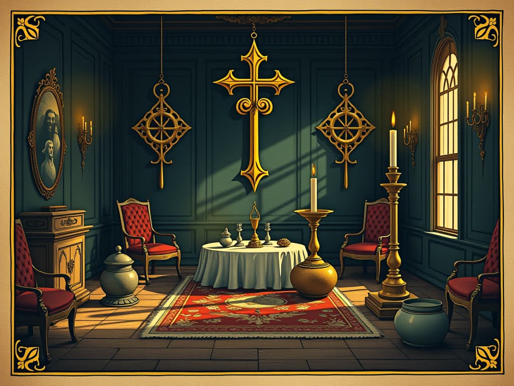  rich golden artifacts, room darkened by shadows, symbols of power, impending ruin, aura of misfortune. an illustration in the style of a worn, mystical old tarot trump card, mysterious and elements of surrealism. the colors are muted, somber and eerie, but with contrast bring out an occult and esoteric vibe.