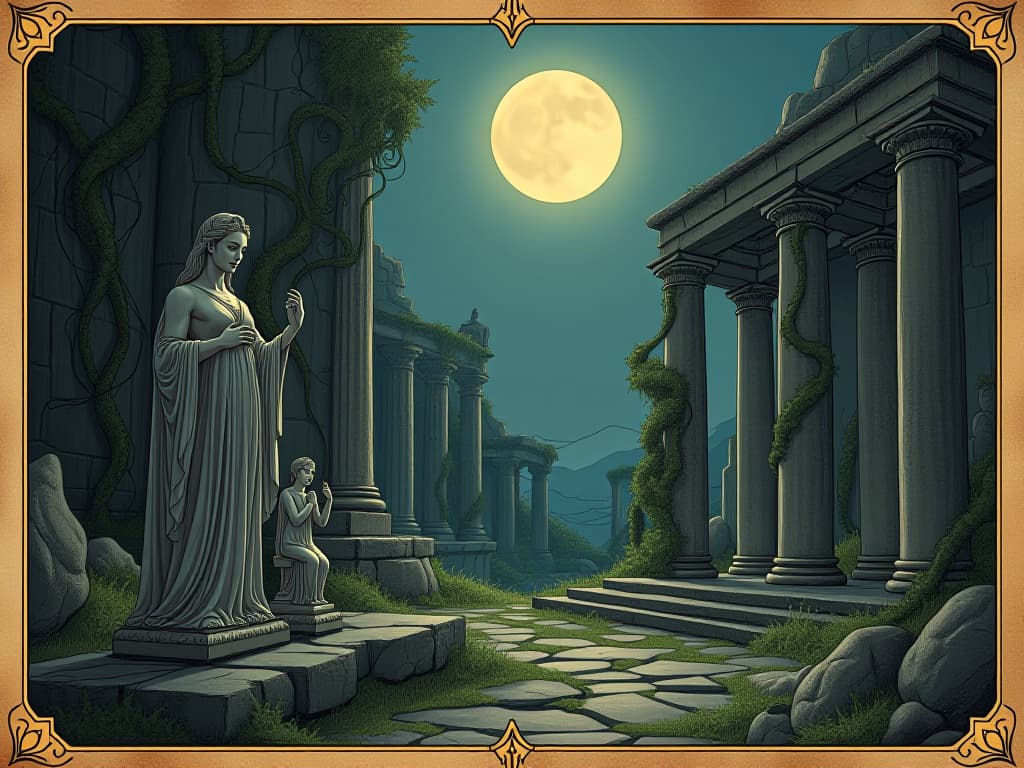  ancient ruins under moonlight, ruins partially overgrown with twisted vines, fragmented statues of old deities, moon casting eerie shadows, atmosphere of desolation, mystery. an illustration in the style of a worn, mystical old tarot trump card, mysterious and elements of surrealism. the colors are muted, somber and eerie, but with contrast bring out an occult and esoteric vibe.