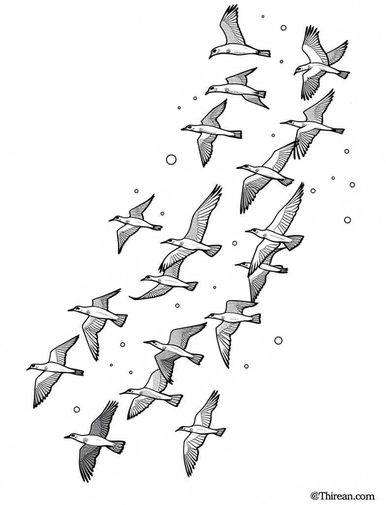  a flock of birds migrating south for the winter, black and white line art on a white background, for an adult coloring page.