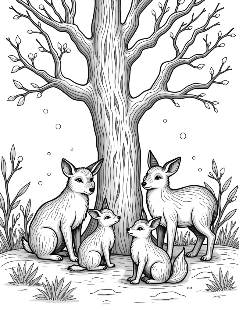  this is for an adult coloring page. a detailed black and white line art of a snowy woodland animals gathering around a tree decorated with berries on a solid white background.