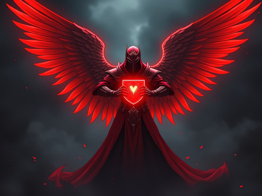  angelic warrior in red armor, shielding with glowing wings, dark storm approaching, atmosphere of protective love and looming danger. the style is digital art illustration / modern comic book / graphic dark novel fantasy and mysterious occult, symbolic, moody lighting, esoteric vibe,high detail on character design. for the color scheme emphasize blacks and reds.