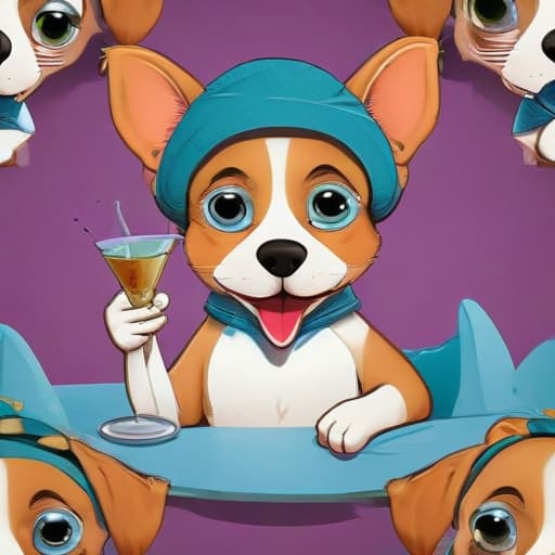 A dog drinking a martini while using a cell phone in Cartoon style