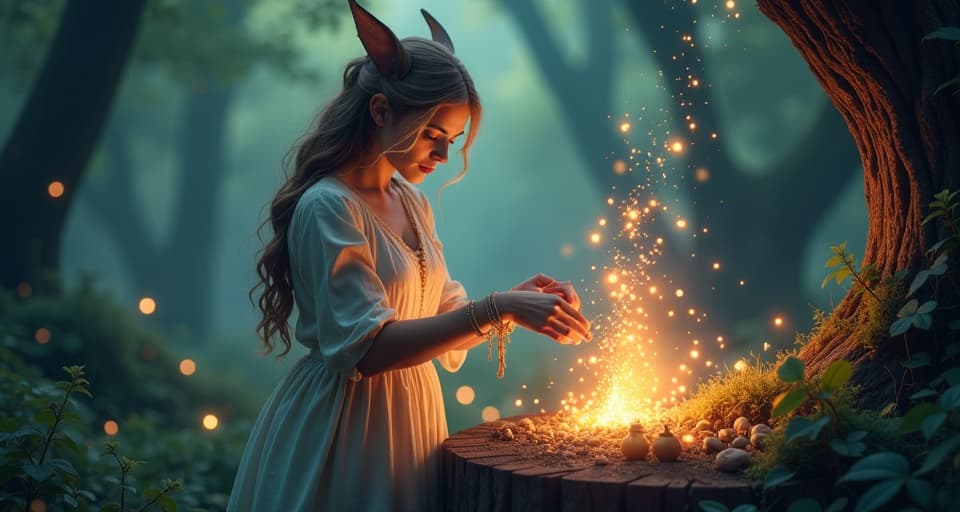  an elven healer mixing powerful, glowing ingredients in an enchanted forest. deep focus, radiant energy, hidden power.. the style is digital art illustration,highly detailed, whimsical,magical, dreamlike atmosphere, realism and fantasy blend, smooth, glossy textures,luminous quality, wonder and enchantment.