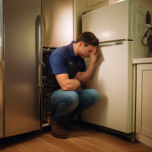 A photo of a skilled repair technician repairing a malfunctioning refrigerator in a cozy kitchen during the late afternoon with warm, dramatic lighting.