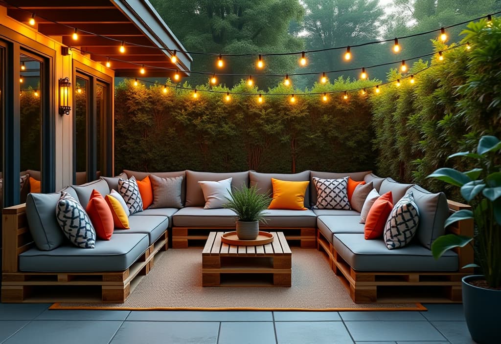  a landscape photo of a cozy patio corner with repurposed wooden pallets transformed into a stylish l shaped sofa, adorned with colorful cushions and string lights overhead, set against a backdrop of lush greenery hyperrealistic, full body, detailed clothing, highly detailed, cinematic lighting, stunningly beautiful, intricate, sharp focus, f/1. 8, 85mm, (centered image composition), (professionally color graded), ((bright soft diffused light)), volumetric fog, trending on instagram, trending on tumblr, HDR 4K, 8K