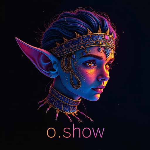  futuristic logoa vibrant, colorful elf face and dancer logo with intricate details, the word "o.show" written in a futuristic font, entire design should be set against a solid black background.given brand name "o.show" logo will also be written hyperrealistic, full body, detailed clothing, highly detailed, cinematic lighting, stunningly beautiful, intricate, sharp focus, f/1. 8, 85mm, (centered image composition), (professionally color graded), ((bright soft diffused light)), volumetric fog, trending on instagram, trending on tumblr, HDR 4K, 8K