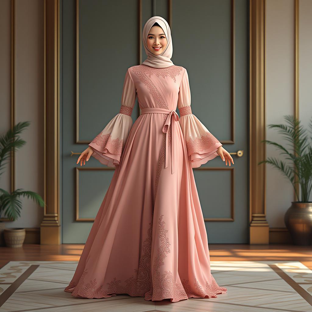  "design a modern chic hijab dress inspired by a traditional abaya with a contemporary twist. the dress should be full length, made of lightweight chiffon in a solid pastel color, featuring an a line silhouette. it should have long, bell sleeves with lace detailing and a high round neckline. the dress should have a wrap closure with a matching waist belt and a layered hemline for added texture. include subtle floral embroidery along the hem and sleeves, with a matching chiffon hijab to complete the look. the design should be suitable for formal evening wear."  hyperrealistic, full body, detailed clothing, highly detailed, cinematic lighting, stunningly beautiful, intricate, sharp focus, f/1. 8, 85mm, (centered image composition), (professionally color graded), ((bright soft diffused light)), volumetric fog, trending on instagram, trending on tumblr, HDR 4K, 8K