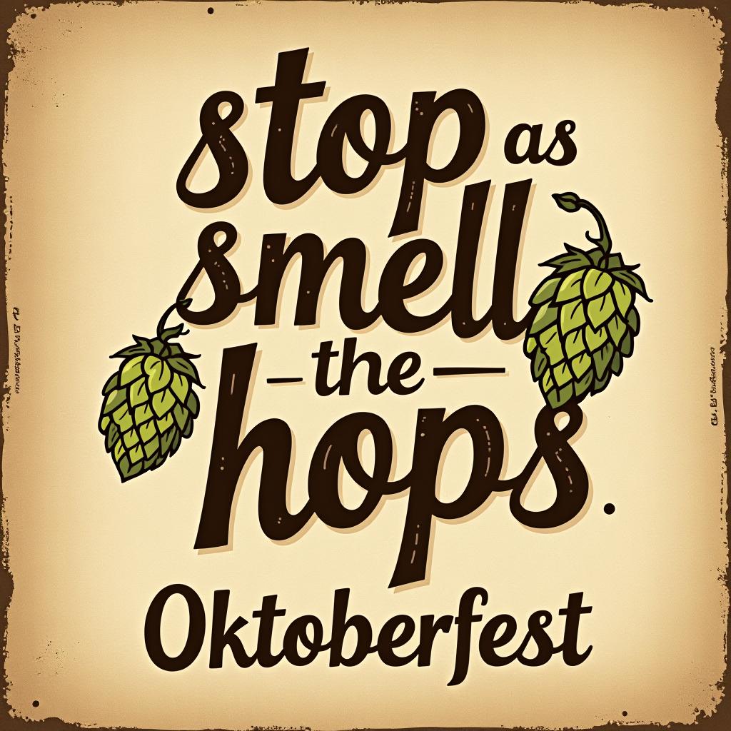  cheerful 'stop and smell the hops.' in wavy font with hop flower and rustic textures. place the word oktoberfest at the bottom of the image