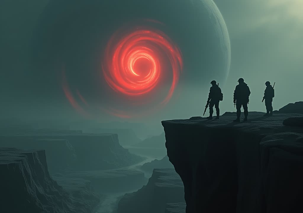  a mix of retro futurism and gritty realism with cinematic lighting, blending elements of 1940s wartime aesthetics with modern sci fi visual effects, 3d animation, source filmmaker, unreal engine 5, personality: [depict a desolate, alien landscape with a swirling vortex of crimson and black in the sky. strange, twisted creatures roam the land. the camera pans to reveal the team, each member armed and dressed in makeshift armor, standing at the edge of a cliff, their faces showing a mix of determination and fear as they overlook the chaos below.] unreal engine, hyper real q 2 v 5.2 ar 16:9