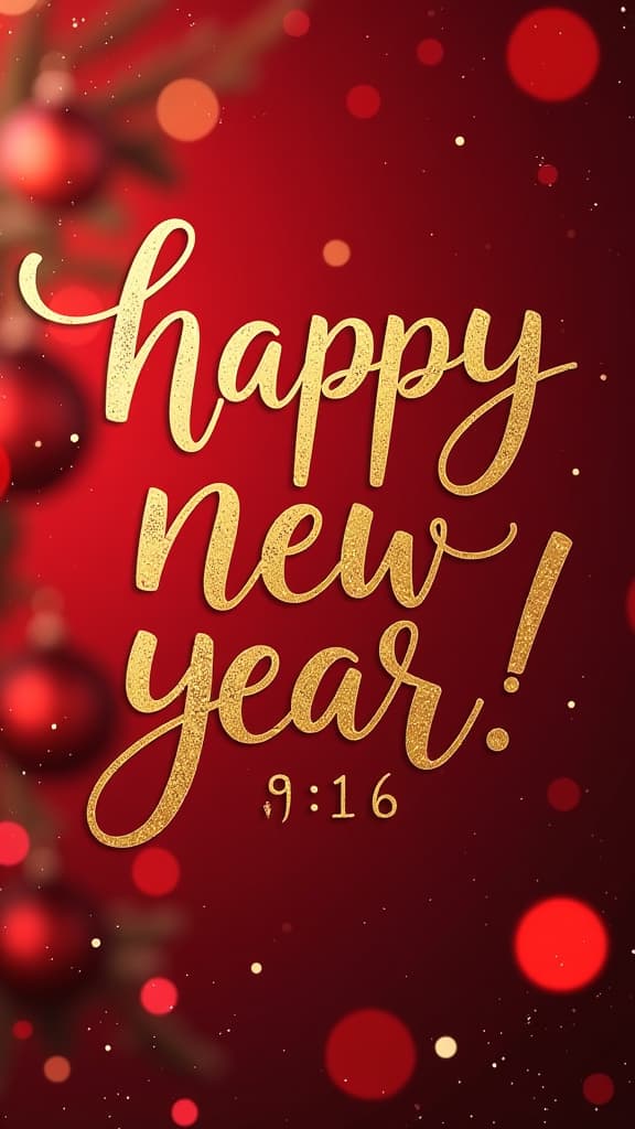  big golden handwriting thin letters “happy new year!” over red christmas blurred background ar 9:16 {prompt}, maximum details