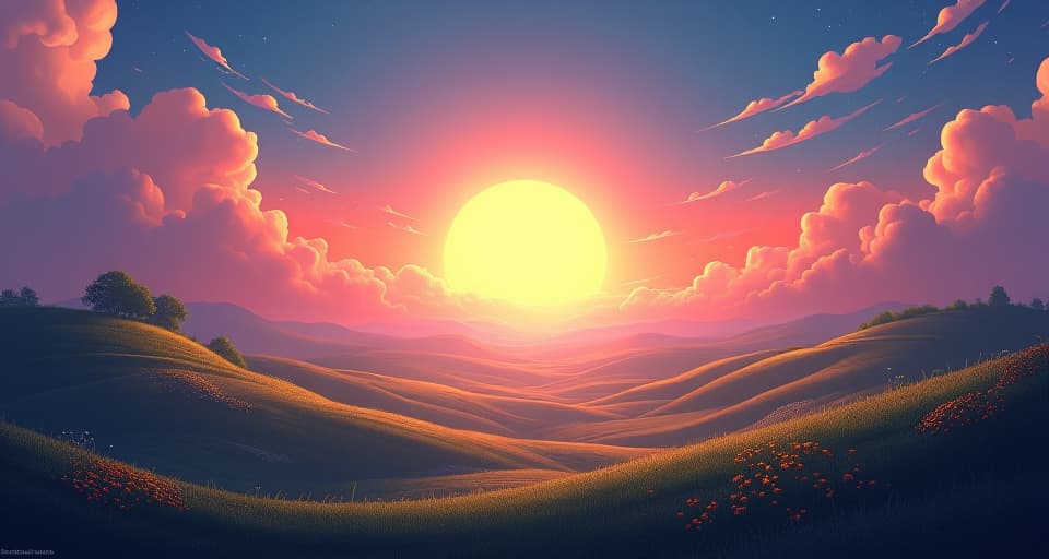  ethereal landscape, glowing horizon, bright light breaking through, magical aura, anticipation.. the style is digital art illustration,highly detailed, whimsical,magical, dreamlike atmosphere, realism and fantasy blend, smooth, glossy textures,luminous quality, wonder and enchantment.