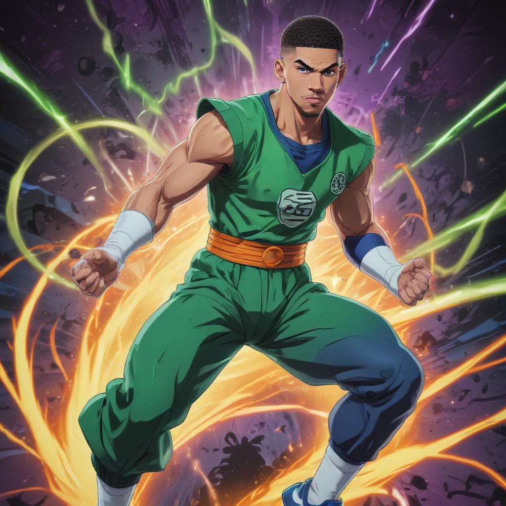 distance-shot, flashy, full-body, dynamic, holographic, animated cartoon poster of jayson tatum in the style of dragon ball super