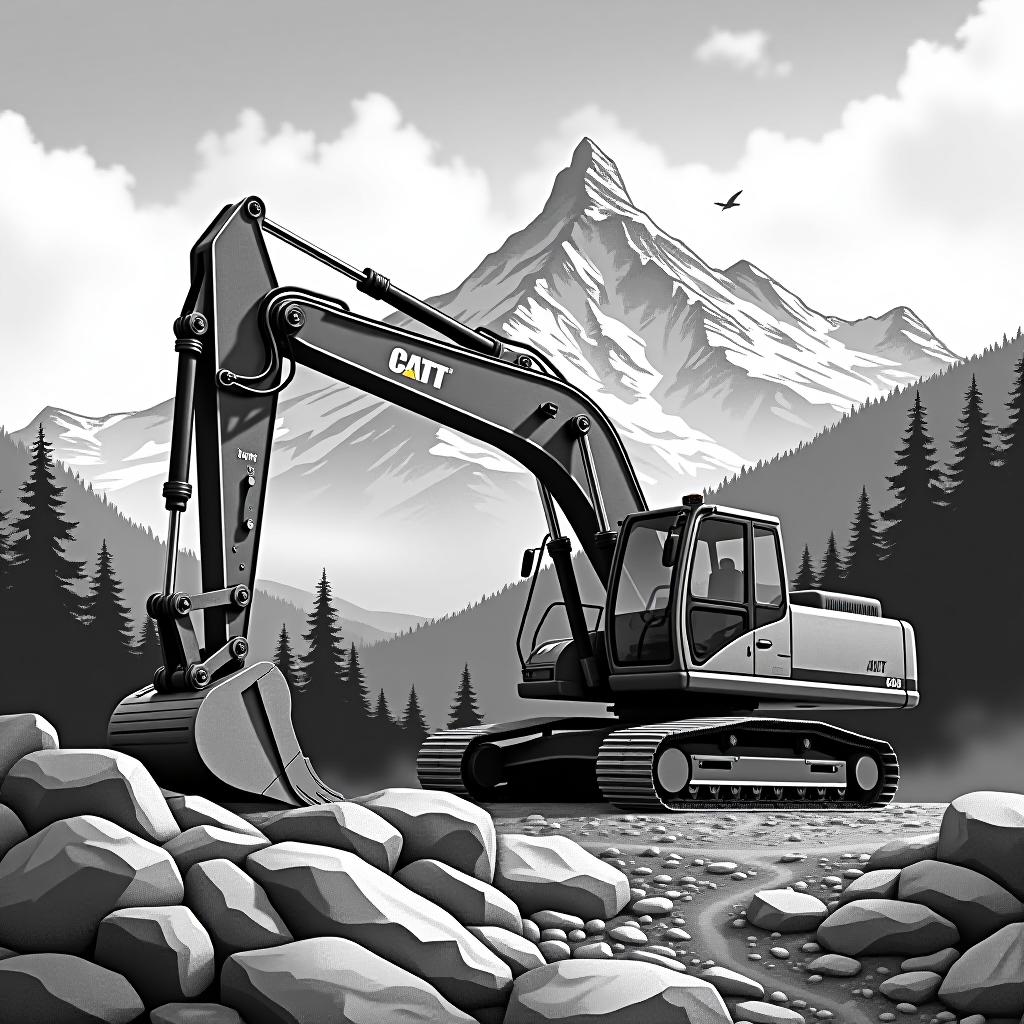  mountain, excavator piano, (logo:1.15), black and white, hq, hightly detailed, 4k