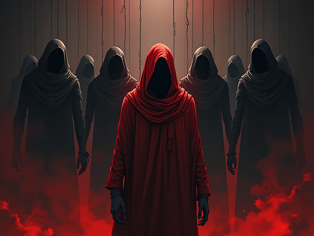  strained figure in red, tension lines visible, holding a frayed tether connecting to multiple shadowy figures. the style is digital art illustration / modern comic book / graphic dark novel fantasy and mysterious occult, symbolic, moody lighting, esoteric vibe,high detail on character design. for the color scheme emphasize blacks and reds.