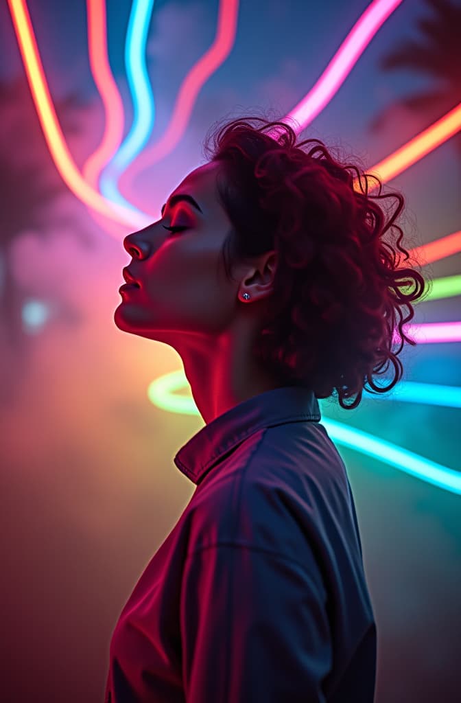  actúa como un diseñador gráfico y crea una imagen según esta descripción: una mujer sonriente, con los ojos cerrados, en un ambiente natural, en donde se ve un amanecer., rainbow colored smoke by josan gonzales, outlined by whirling illuminated neon lines, outrun, vaporware, shaded flat illustration, digital art, trending on artstation, highly detailed, fine detail, intricate hyperrealistic, full body, detailed clothing, highly detailed, cinematic lighting, stunningly beautiful, intricate, sharp focus, f/1. 8, 85mm, (centered image composition), (professionally color graded), ((bright soft diffused light)), volumetric fog, trending on instagram, trending on tumblr, HDR 4K, 8K