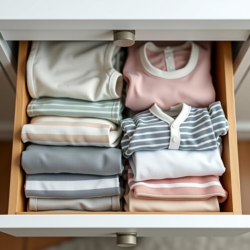  folded baby clothes in the drawers.