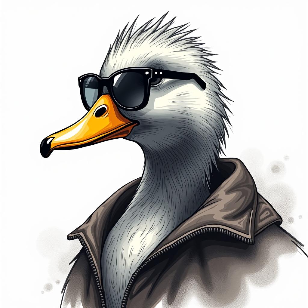  the vector, the sketches, the contour of the head of a cool duck in black glasses, the lines that emphasize its shape. the duck looks straight, white background, minimism. hyperrealistic, full body, detailed clothing, highly detailed, cinematic lighting, stunningly beautiful, intricate, sharp focus, f/1. 8, 85mm, (centered image composition), (professionally color graded), ((bright soft diffused light)), volumetric fog, trending on instagram, trending on tumblr, HDR 4K, 8K