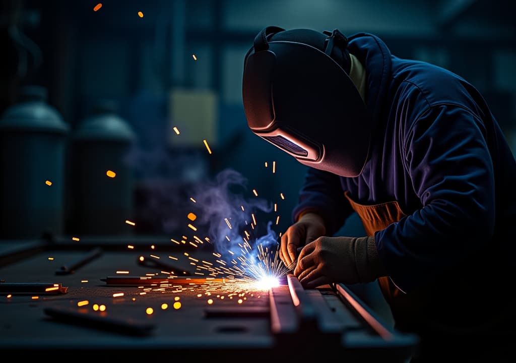  a welder in a dark industrial setting is welding metal, with sparks flying off the metal.