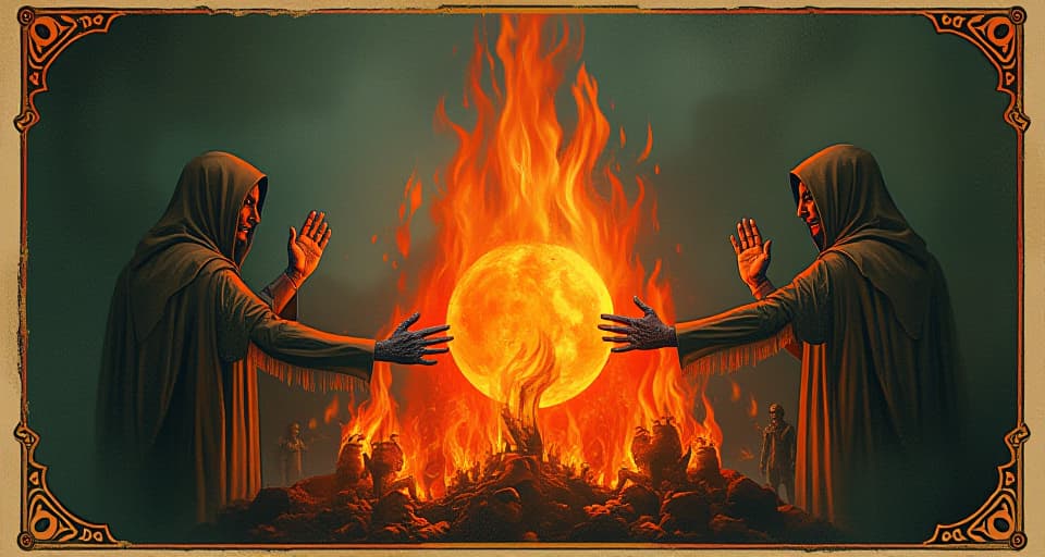  figures surrounded by a sphere of flames, their own hands outstretched towards the fire, expressions of realization, engulfed, self inflicted punishment. an illustration in the style of a worn, mystical old tarot trump card, mysterious and elements of surrealism. the colors are muted, somber and eerie, but with contrast bring out an occult and esoteric vibe.