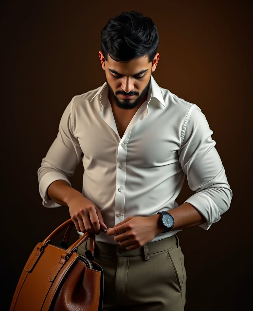  hdr photo of man, wearing a white shirt around his waist, dark brown background, model, putting into a bag . high dynamic range, vivid, rich details, clear shadows and highlights, realistic, intense, enhanced contrast, highly detailed