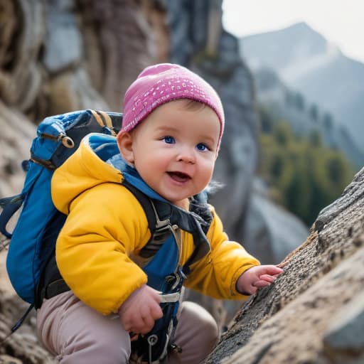 Picture of a 7 month old baby girl in mountain climbing gear scaling a mountain