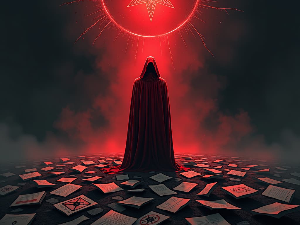  person in red robes standing on a pile of broken dreams, torn papers and shattered symbols, aura of betrayal. the style is digital art illustration / modern comic book / graphic dark novel fantasy and mysterious occult, symbolic, moody lighting, esoteric vibe,high detail on character design. for the color scheme emphasize blacks and reds.