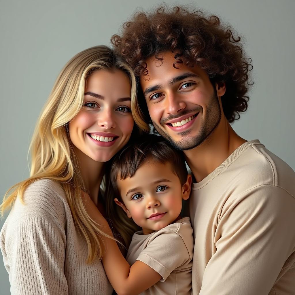  make an image of a blonde woman with a curly brown haired man and their mixed son