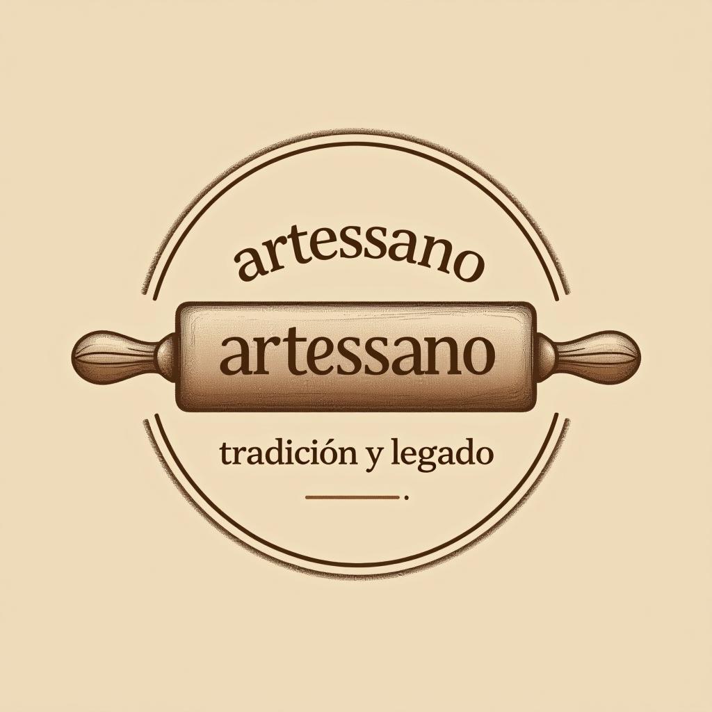  design a logo, in a pencil style. simple and elegant design circular design light and brown tones use a rolling pin image put the word “artessano” inside the image of the rolling pin, with the text 'tradición y legado'.