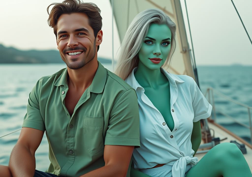  a portrait of a couple seated next to each other on a sailboat: person 1, a man 5' 10'' tall, with brown hair, attractive features, and hair neatly styled, his expression is happy and smiling, he is wearing casual light green summer clothing, his face turned toward the viewer. person 2, a stunning woman with light blue green skin who appears entirely human except for her skin color. she has supermodel like facial features and a fit, athletic body, her long, platinum silver hair is tied back neatly. she has striking, large emerald green eyes that are perfectly symmetrical. she is wearing white shorts which contrast with her skin color of light blue green, she is wearing a white buttoned shirt tied at the waist, with a white cropped t shir