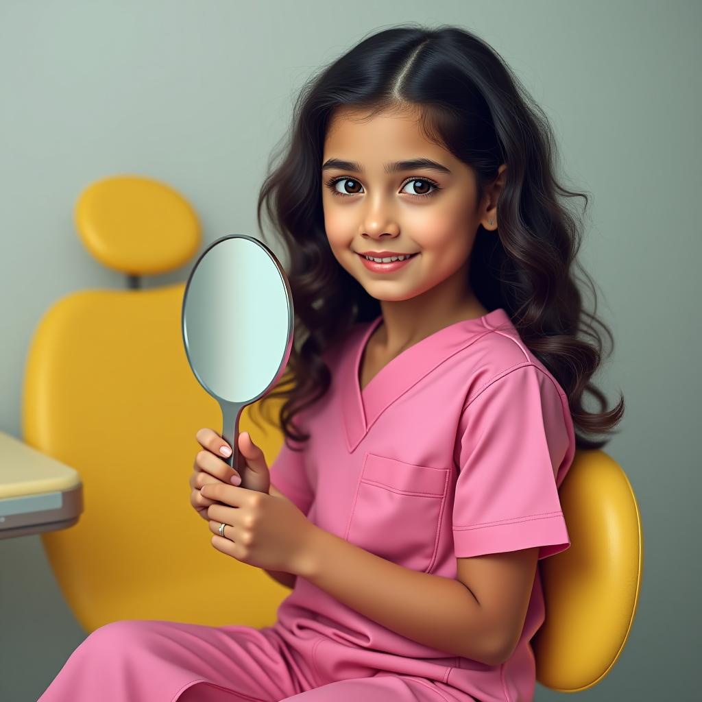  a girl with beautiful brown eyes and dark wavy hair in a surgical pink suit holds a gynecological mirror in her hands, next to her is a yellow gynecological chair.