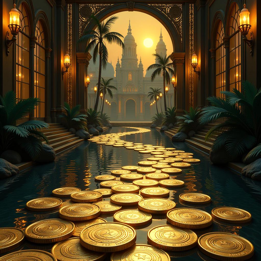  a lavish river of gold coins flows through an opulent art deco landscape, surrounded by intricate geometric patterns and luxurious gold accents. the scene embodies the glamour of the 1920s 1930s, featuring elegant silhouettes of vintage architecture and shimmering reflections of the coins in rich, deep hues. the overall atmosphere is one of wealth and extravagance, enhanced by decorative motifs characteristic of the art deco era.