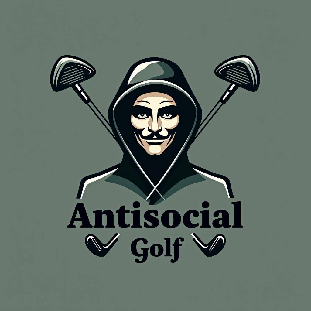  design a logo, es sollte ein anonymer, abstrakter mann mit einer kaputze sein, darüber 2 golfschläger gekreuzt , with the text 'antisocial golf '.