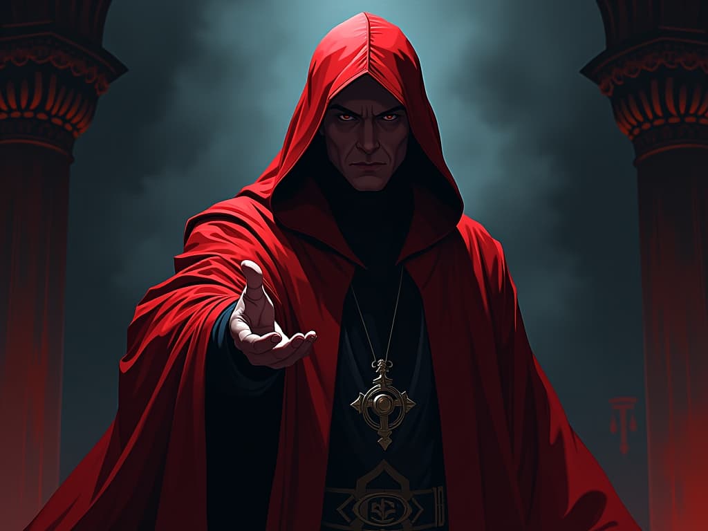  influential figure in red ceremonial robe, hand extended with a favor, shadows cast ominously, aura of looming compromise. the style is digital art illustration / modern comic book / graphic dark novel fantasy and mysterious occult, symbolic, moody lighting, esoteric vibe,high detail on character design. for the color scheme emphasize blacks and reds.