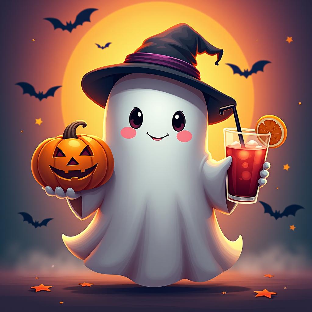  create a digital painting featuring a cute ghost character. the ghost should be wearing a hat. in one hand, the ghost should hold a pumpkin with a carved face, and in the other hand, a halloween themed drink. the background should be colorfull and include small black bats and stars to add a playful halloween touch. the overall style should be cute, whimsical, and colorful hyperrealistic, full body, detailed clothing, highly detailed, cinematic lighting, stunningly beautiful, intricate, sharp focus, f/1. 8, 85mm, (centered image composition), (professionally color graded), ((bright soft diffused light)), volumetric fog, trending on instagram, trending on tumblr, HDR 4K, 8K