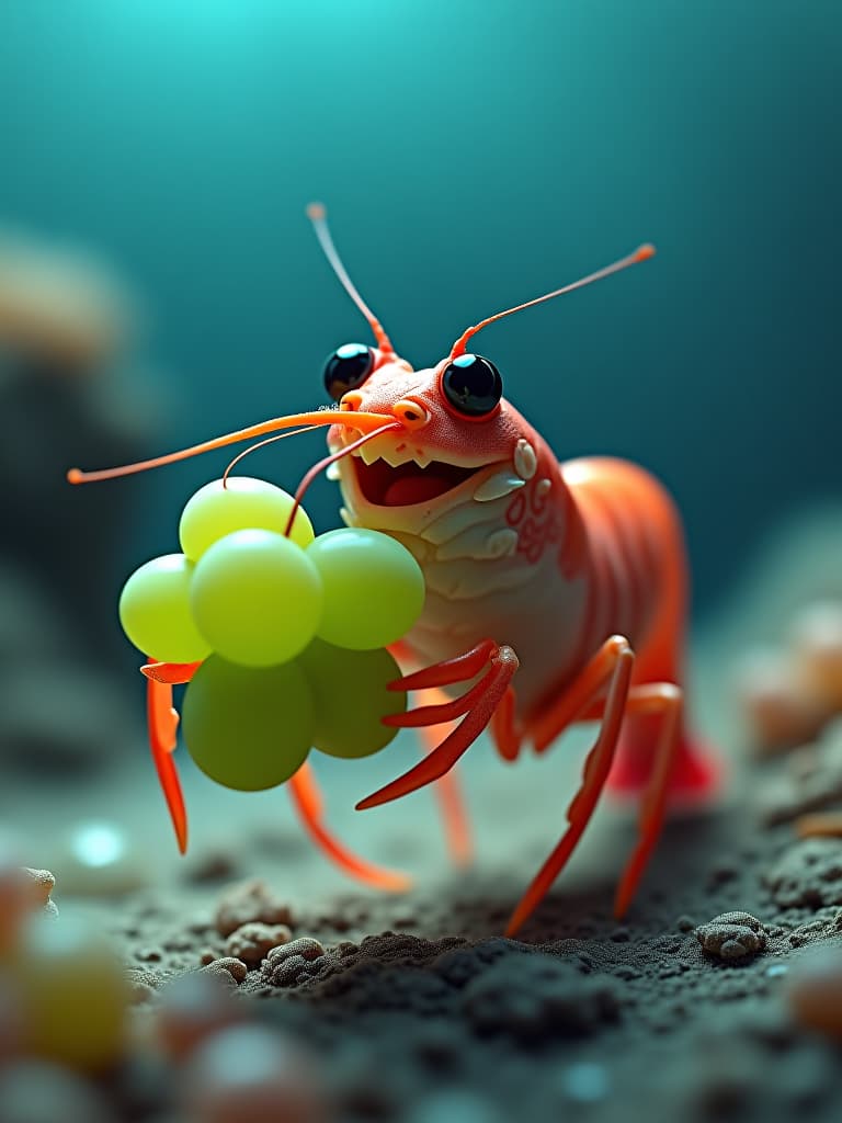  a colorless shrimp on the seabed smiles happily while eating green grapes. cartoon style. colorful. firooze hyperrealistic, full body, detailed clothing, highly detailed, cinematic lighting, stunningly beautiful, intricate, sharp focus, f/1. 8, 85mm, (centered image composition), (professionally color graded), ((bright soft diffused light)), volumetric fog, trending on instagram, trending on tumblr, HDR 4K, 8K