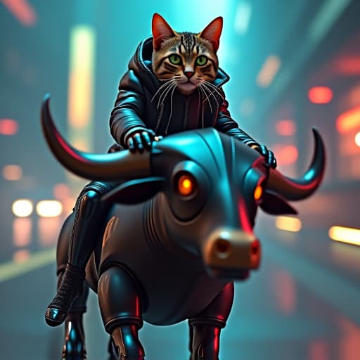  in a dynamic and futuristic setting, hemule, the anthropomorphic tabby cat with mesmerizing green eyes, is depicted riding a robotic black bull. the scene exudes an edgy vibe, capturing hemule's rebellious spirit as they confidently maneuver the mechanized beast. the background is a blend of sleek metallic surfaces and glowing neon lights, hinting at a high tech world. the composition plays with non representational forms, utilizing bold shapes, vibrant colors, and intricate textures to evoke a sense of energy and motion, perfectly complementing hemule's charismatic and tough persona. hyperrealistic, full body, detailed clothing, highly detailed, cinematic lighting, stunningly beautiful, intricate, sharp focus, f/1. 8, 85mm, (centered image composition), (professionally color graded), ((bright soft diffused light)), volumetric fog, trending on instagram, trending on tumblr, HDR 4K, 8K