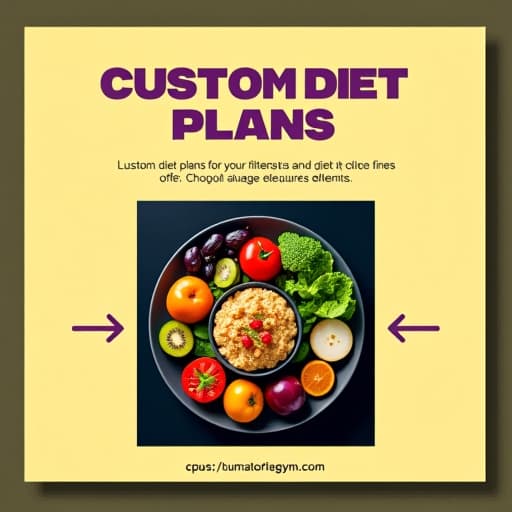  create a fitness themed social media post for a gym diet offer with the following elements: background: light yellow background with a black border. headline: at the top, place the text 'custom diet plans for your fitness goals' in a bold, italicized sans serif font in cream color with a black shadow. below it, add a larger, bold sans serif font in purple with a thick black outline and shadow effect. image: below the headline, include a square image of a healthy meal or diet plan elements, such as fresh vegetables, fruits, and protein sources. the image should have a thick black border. callout boxes: place two small, arrow shaped callout boxes in light yellow with black borders on the left and right of the image, pointing towards it. text hyperrealistic, full body, detailed clothing, highly detailed, cinematic lighting, stunningly beautiful, intricate, sharp focus, f/1. 8, 85mm, (centered image composition), (professionally color graded), ((bright soft diffused light)), volumetric fog, trending on instagram, trending on tumblr, HDR 4K, 8K