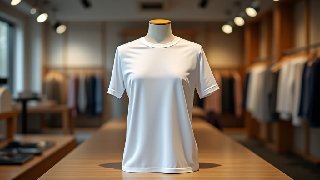  white t shirt displayed on mannequin in modern retail store