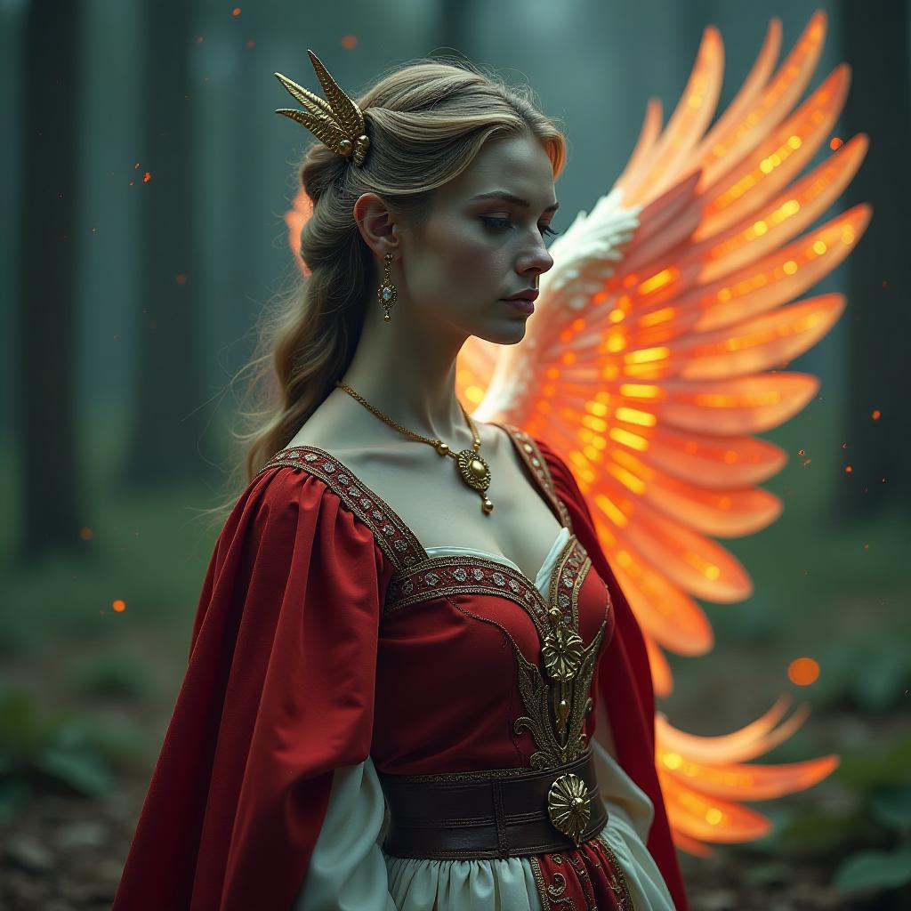  firebird in slavic art hyperrealistic, full body, detailed clothing, highly detailed, cinematic lighting, stunningly beautiful, intricate, sharp focus, f/1. 8, 85mm, (centered image composition), (professionally color graded), ((bright soft diffused light)), volumetric fog, trending on instagram, trending on tumblr, HDR 4K, 8K