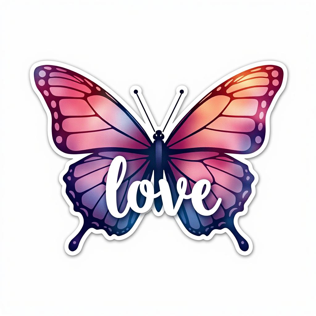  design a logo, custom sticker design on an isolated white background decorated by watercolor butterfly, with the text ‘love’