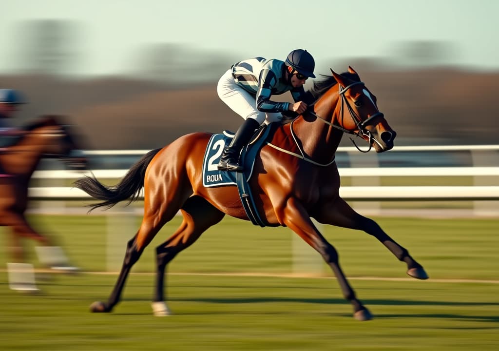  high speed horse racing action with jockey in motion, capturing the thrill and intensity of the sport.